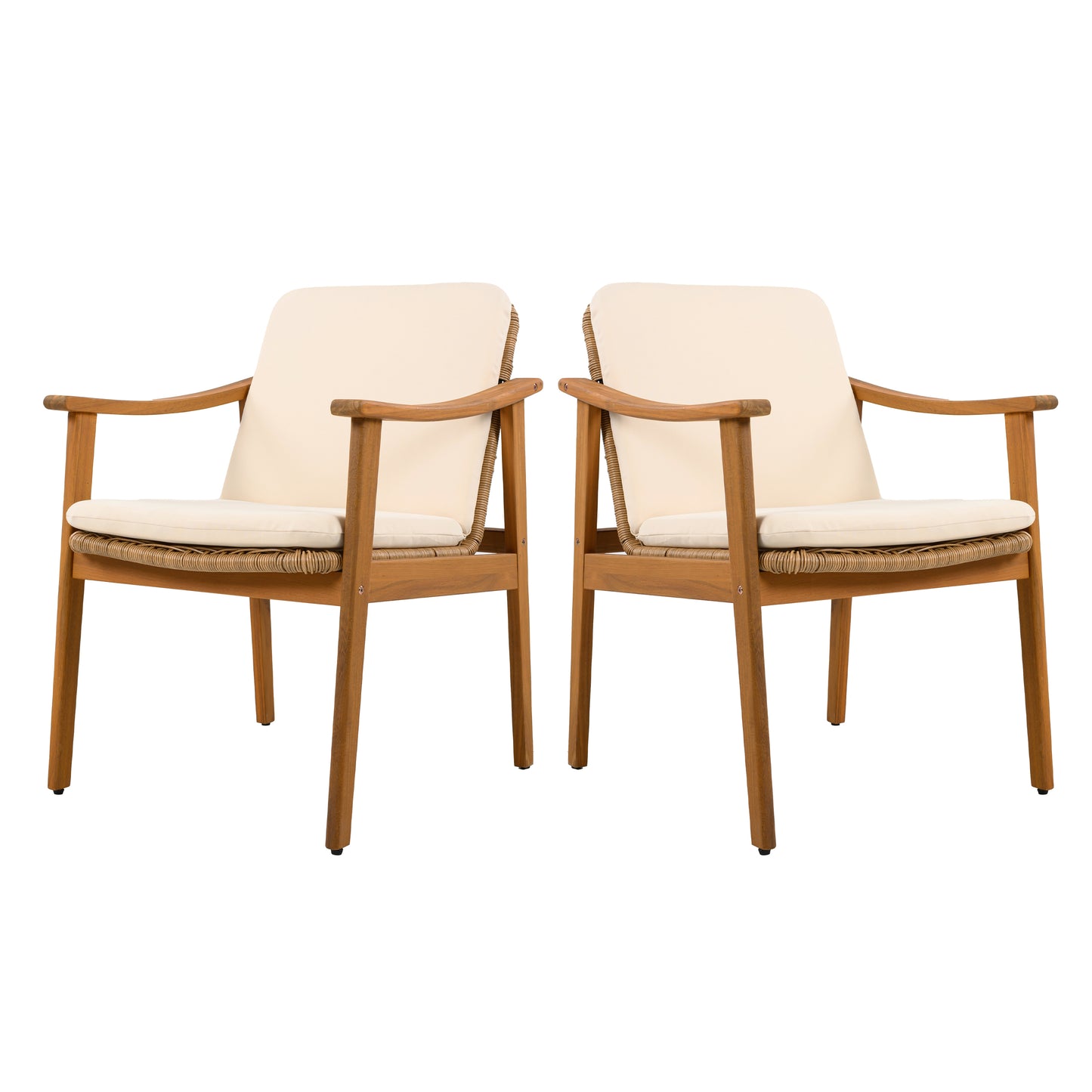 Outdoor Dining Chairs Set Of 2, Teak Color Acacia Wood Frame, Brown PE Wicker, Beige Waterproof Cushion, Ideal For Patios, Gardens