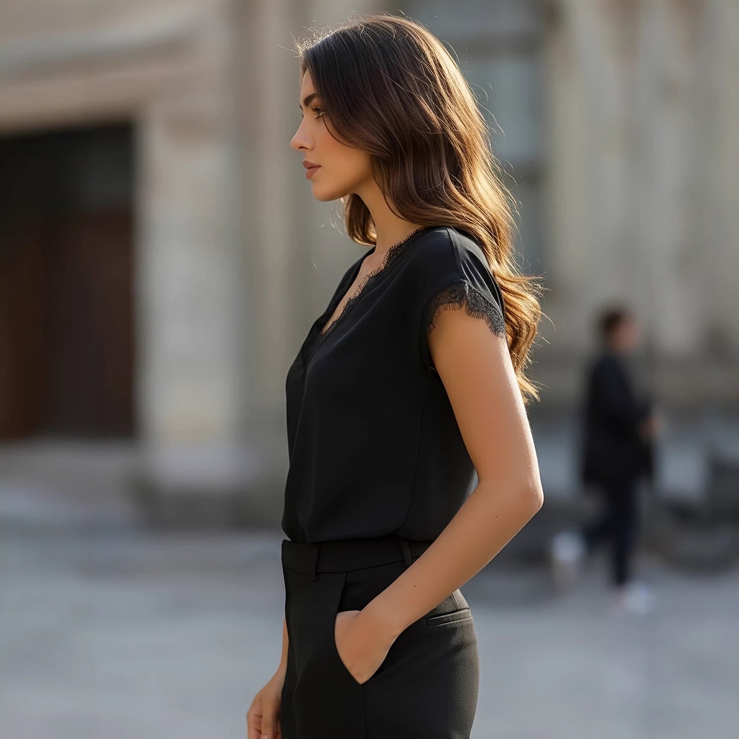 Women's Black V-Neck Short Sleeve Blouse - Lace Patchwork Elegant Slim Fit Top for Office and Date Wear
