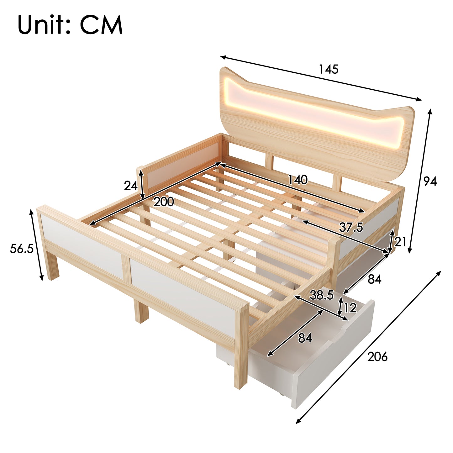 Children's Bed 140x200 Cm With Cat Ears, Headboard & RGB LED Lighting, Slatted Frame, Flexible Drawer & Storage Compartment Can Be Mounted Left Right, Child-proof Safety Gate, In White And Oak, Withou