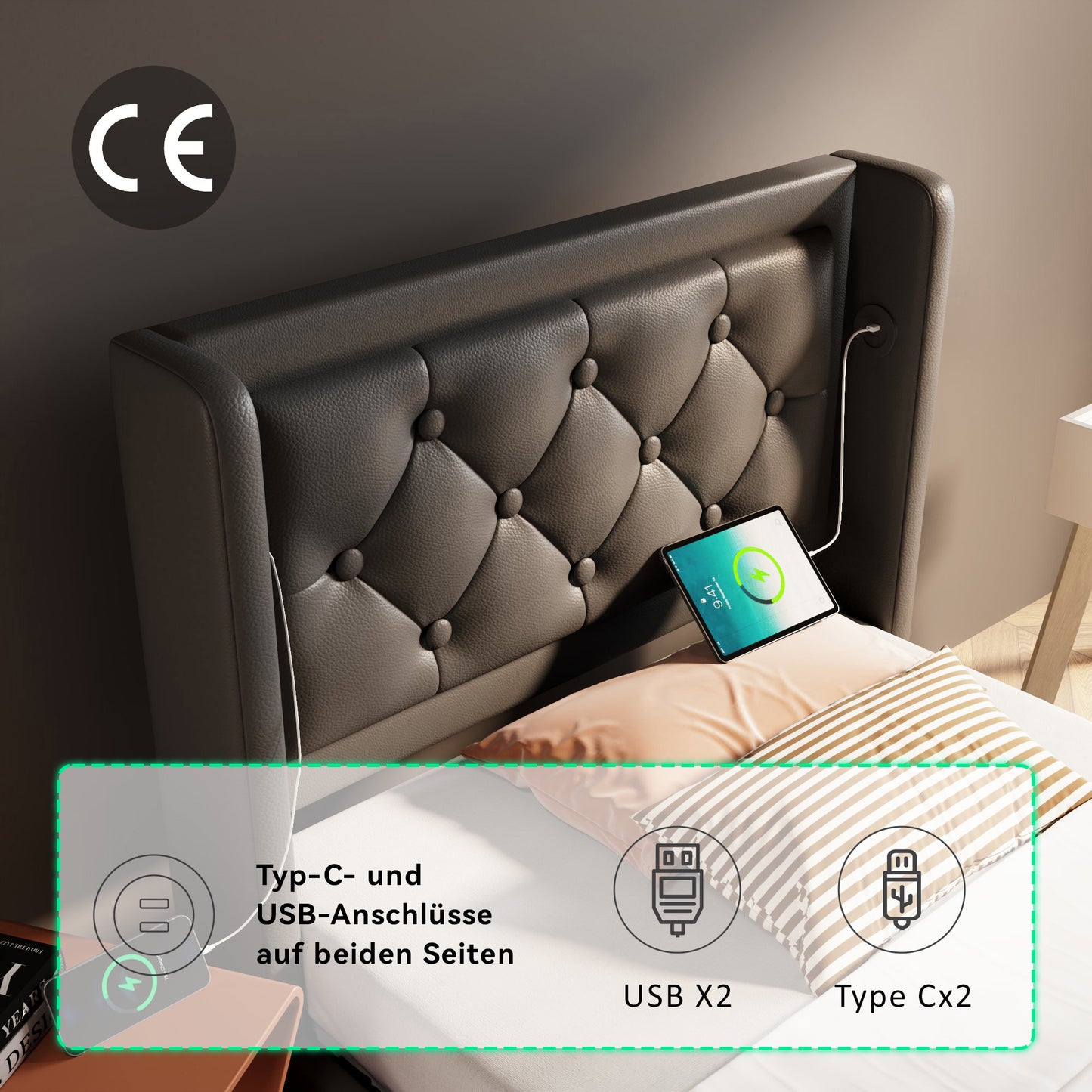 Sofa Bed Single Bed 90x200 Cm, Black PU Material Hydraulic Storage Bed, Cushioned Headboard With USB Type-C Charging Function, 3-sided LED Function  Without Mattress