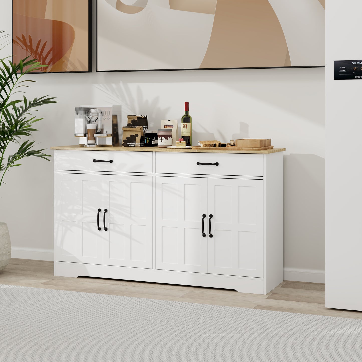 55.91 Large Farmhouse Buffet Cabinet Storage Sideboard With 2 Drawers And 4 Doors For Dining Living Room Kitchen Cupboard-White