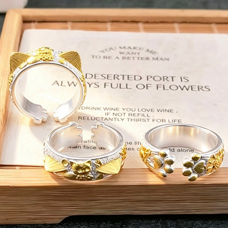1pcs 999 Sterling Silver Gold-Plated Cat Open Ring, Cute Dainty Style, For Daily Wear & Casual Office Outfits