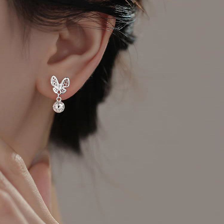 1 Pair 999 Sterling Silver Filigree Hollow Butterfly Palace Bell Stud Earrings, Retro & Elegant, Perfect For Daily, Dating & Gifting, Ideal Valentine's Gift
