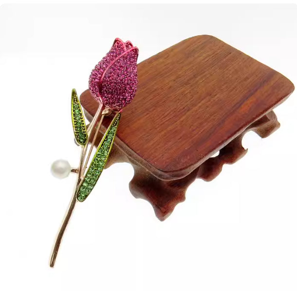 Fashionable Womens Red Love Gift Brooch Featuring A Bud Rose Design
