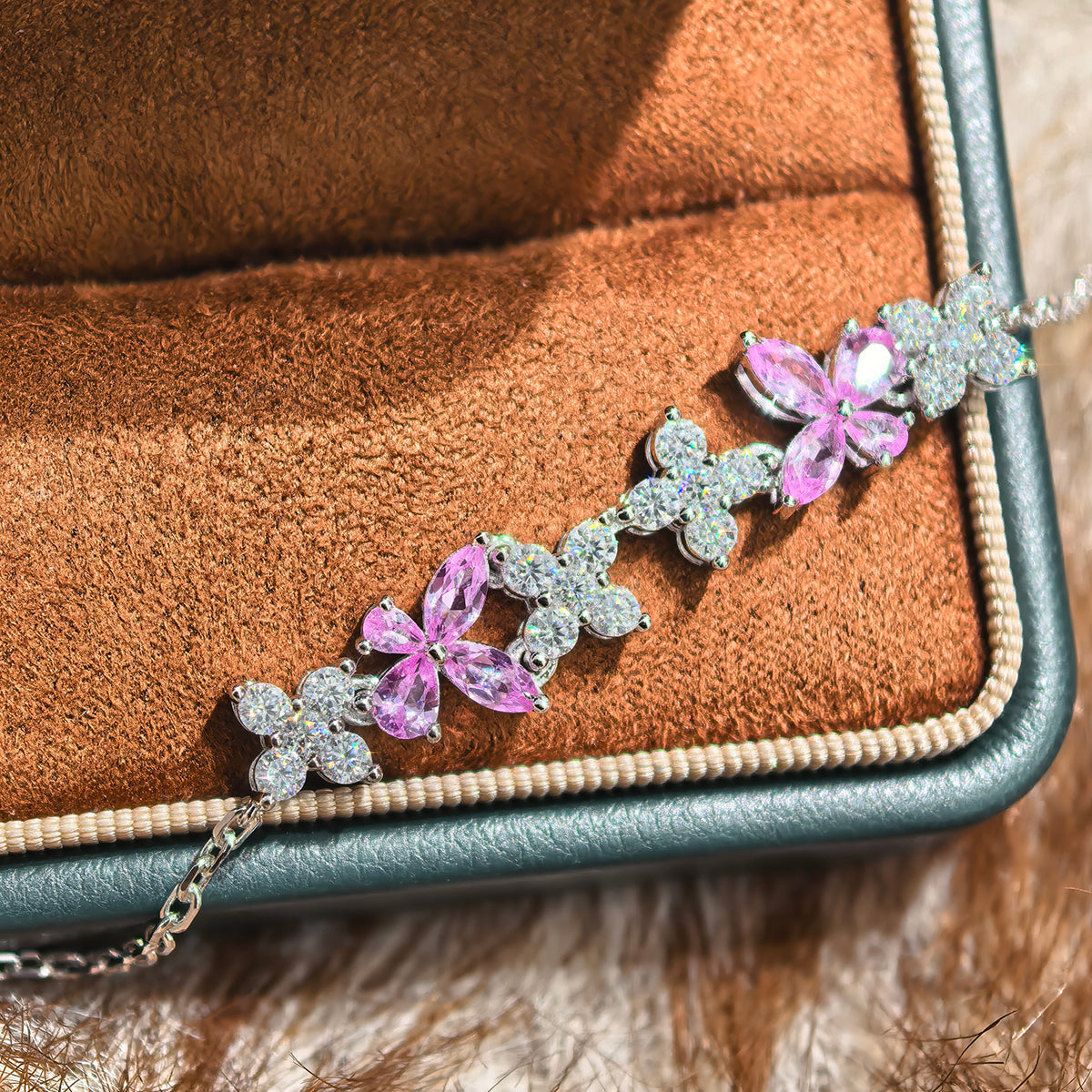 S925 Sterling Silver Lab-Grown Gemstone Butterfly Bracelet 16cm Blue P Ink Moissanite Platinum Plated Fashion Gift Box