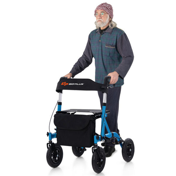 Outdoor Rolling Rollator Walker 9.5inch All-Terrain Wheels, 6-Level Adjustable 32inch-37inch, Foldable, Padded Seat, Storage Bag Umbrella Holder