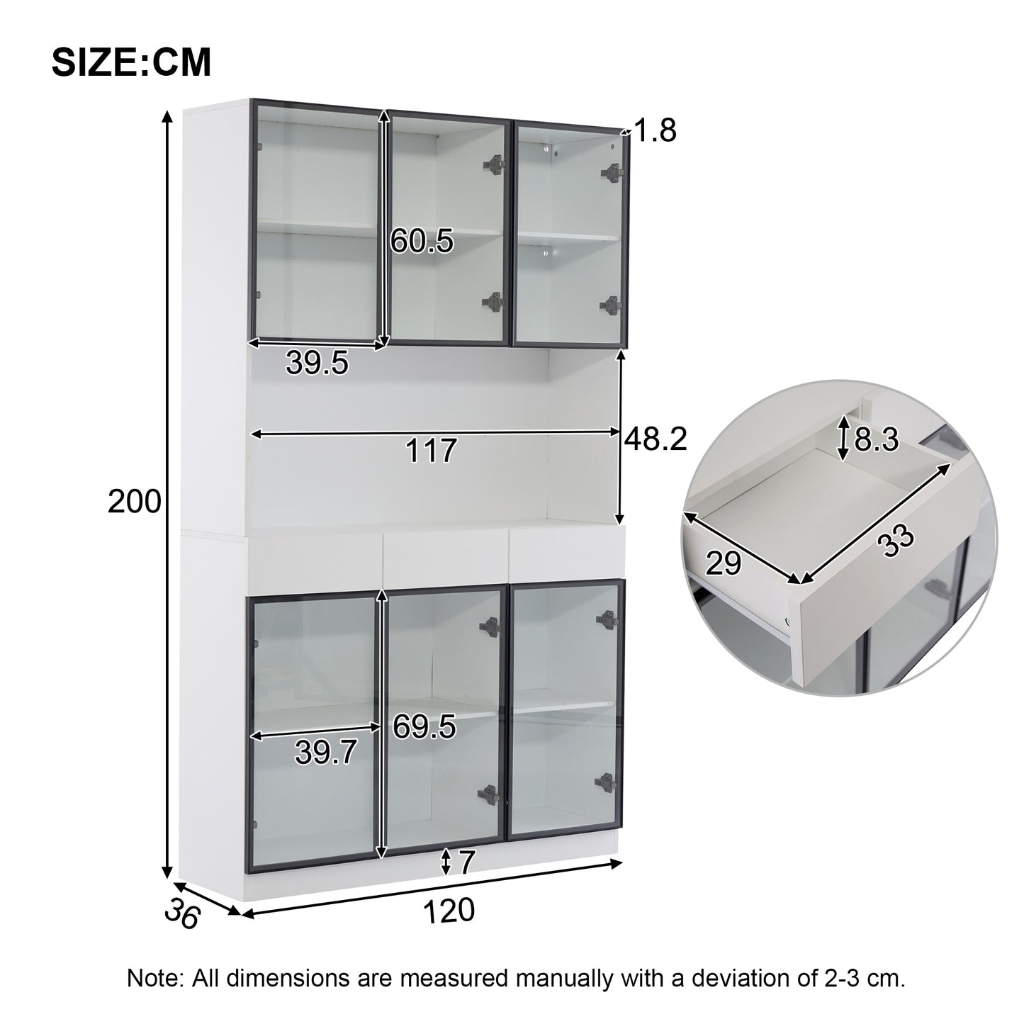 Glass Cabinet Door 200cm Tall White Display Cabinet With LED Lights, Multi Storage Bookcase For Collection Bedroom Living Room Office, White - Black Door Frame