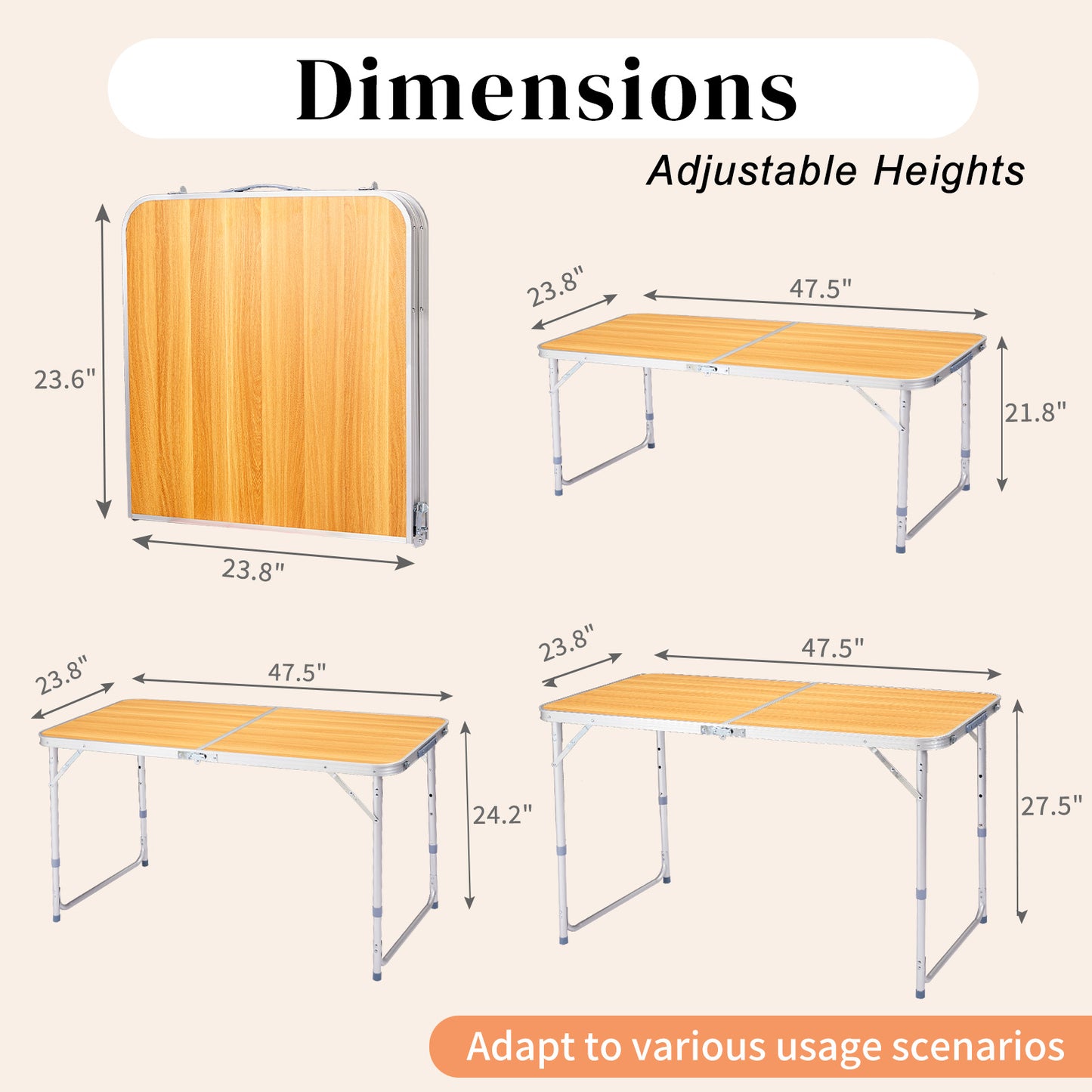 4FT Adjustable Height Folding Table, 120-60cm Portable Aluminum Foldable Camping Table Wood Grain Utility Table For Picnic BBQ Party Indoor Outdoor