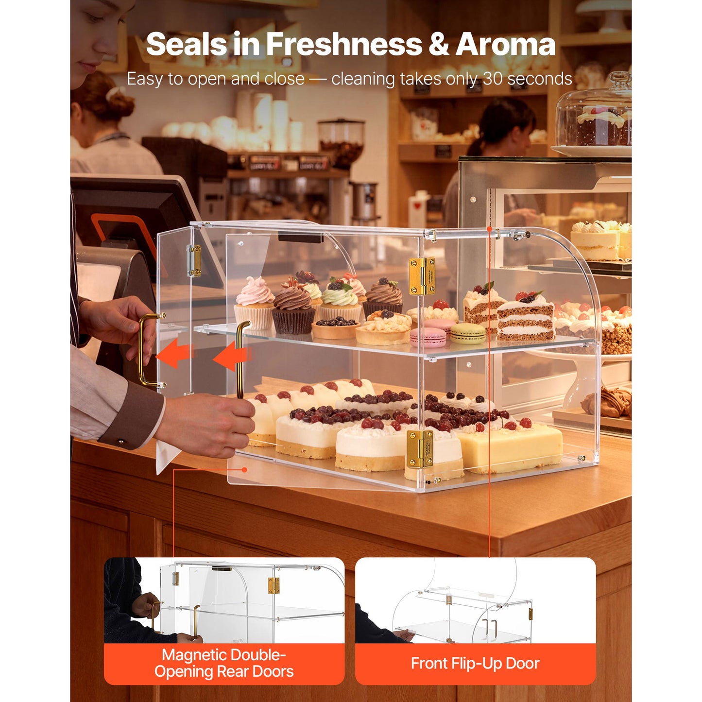 Bakery Display Case, 2-Tier Commercial Countertop Pastry Display Case, Clear Acrylic Bread Box For Kitchen, Party Cake Cabinet With Magnetic Rear Door For Cookie Dessert Donut, 22 X 14 X 14