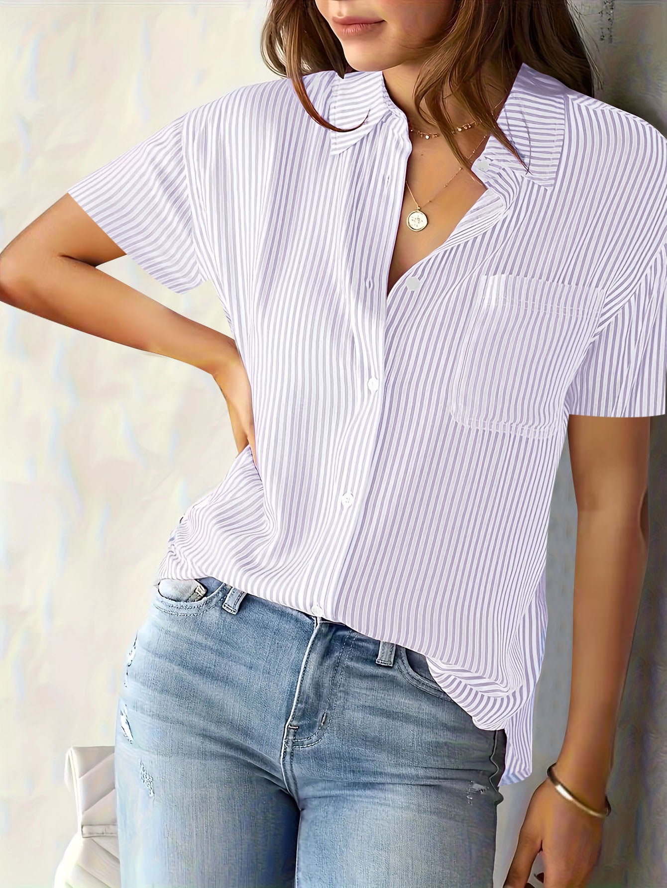 Women's Striped Print Turn Down Collar Short Sleeve Button Front Pocket Decor Casual Blouse
