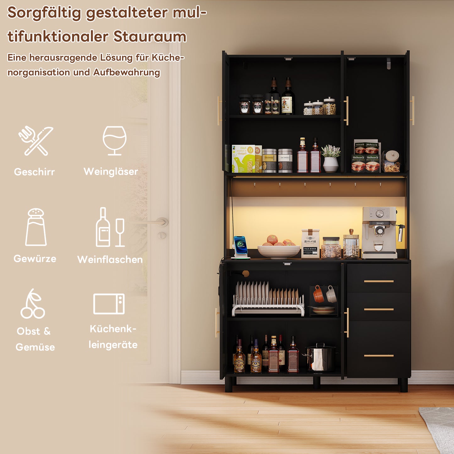 183cm Kitchen Credenza, Buffet, App-Controlled LED Decorative Lights, 2 X USB, 2 X Sockets, Adjustable Shelves, 3 Drawers, Golden Metal Handles, Ideal For Kitchens And Dining Rooms.