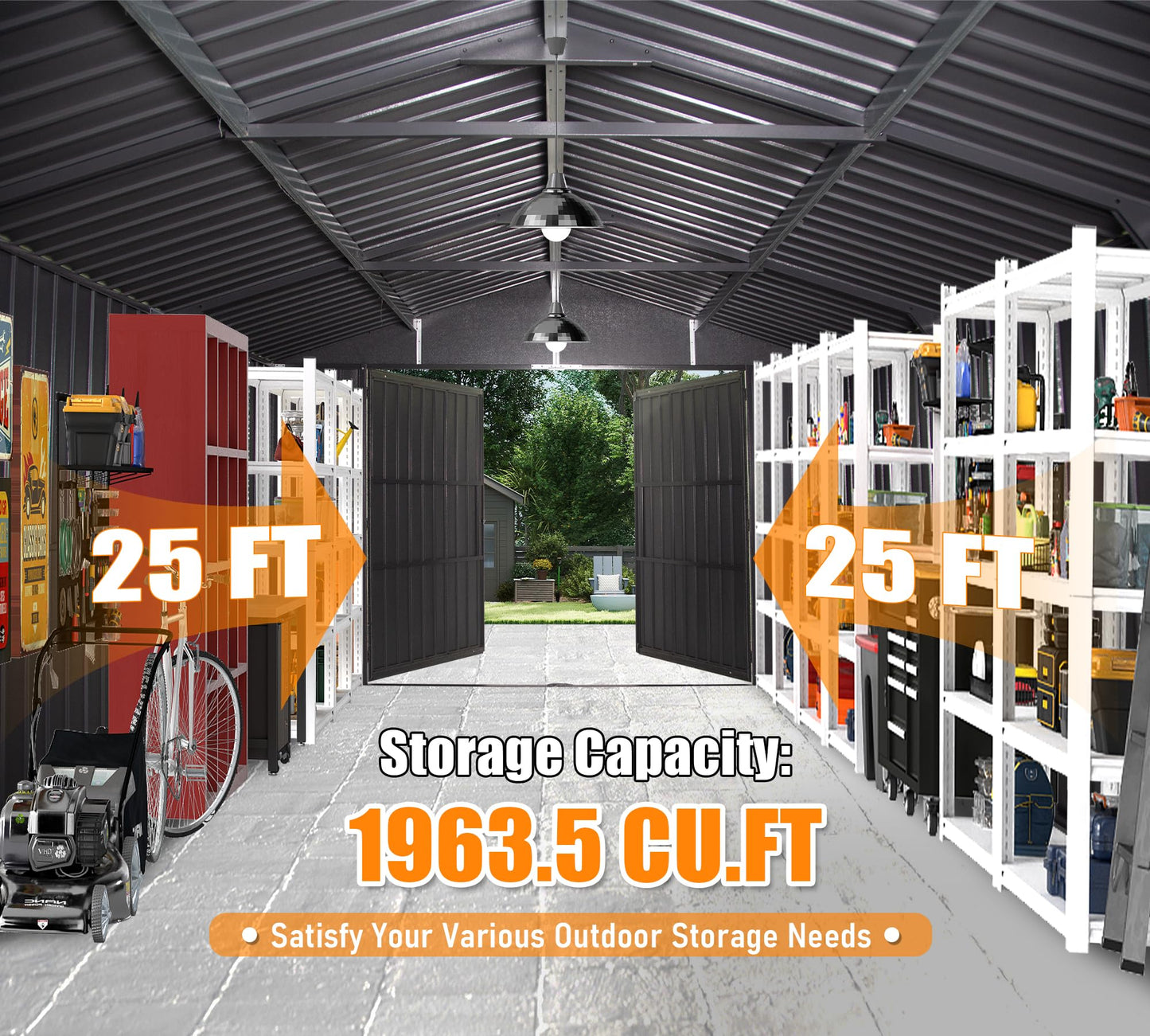 12x25FT Outdoor Metal Garage Shed, Extra Large Metal Carport With Lockable Double Hinged Doors, Heavy Duty Car Shelter For Car, Truck, Motorcycle And Lawn Equipment, Dark Grey
