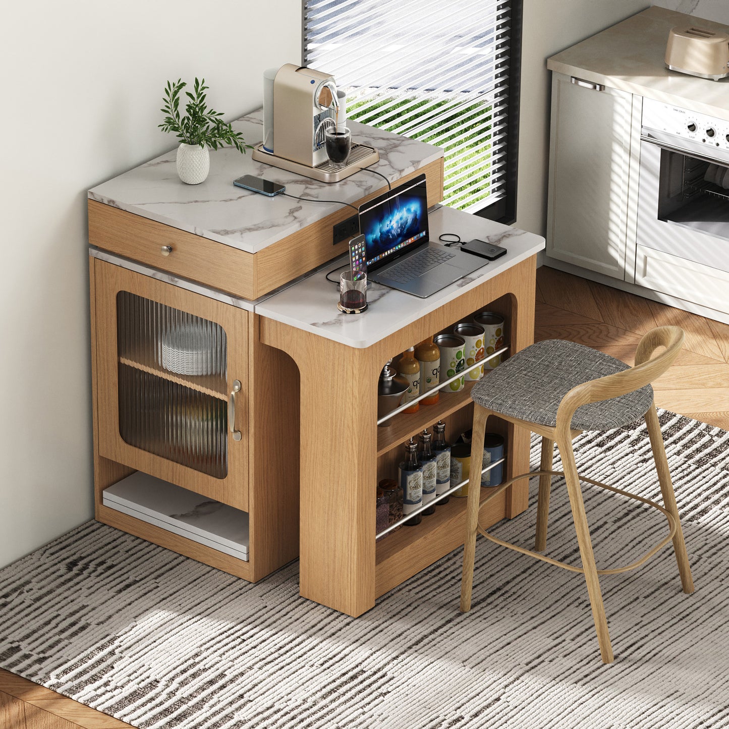 59.5 Kitchen Island With Extendable Dining Table,Kitchen Storage Table With Double-sided Storage,Kitchen Island With 2 Drawers,Power Outlet,Side Open Shelves,for Kitchen,Dining Room,Natural