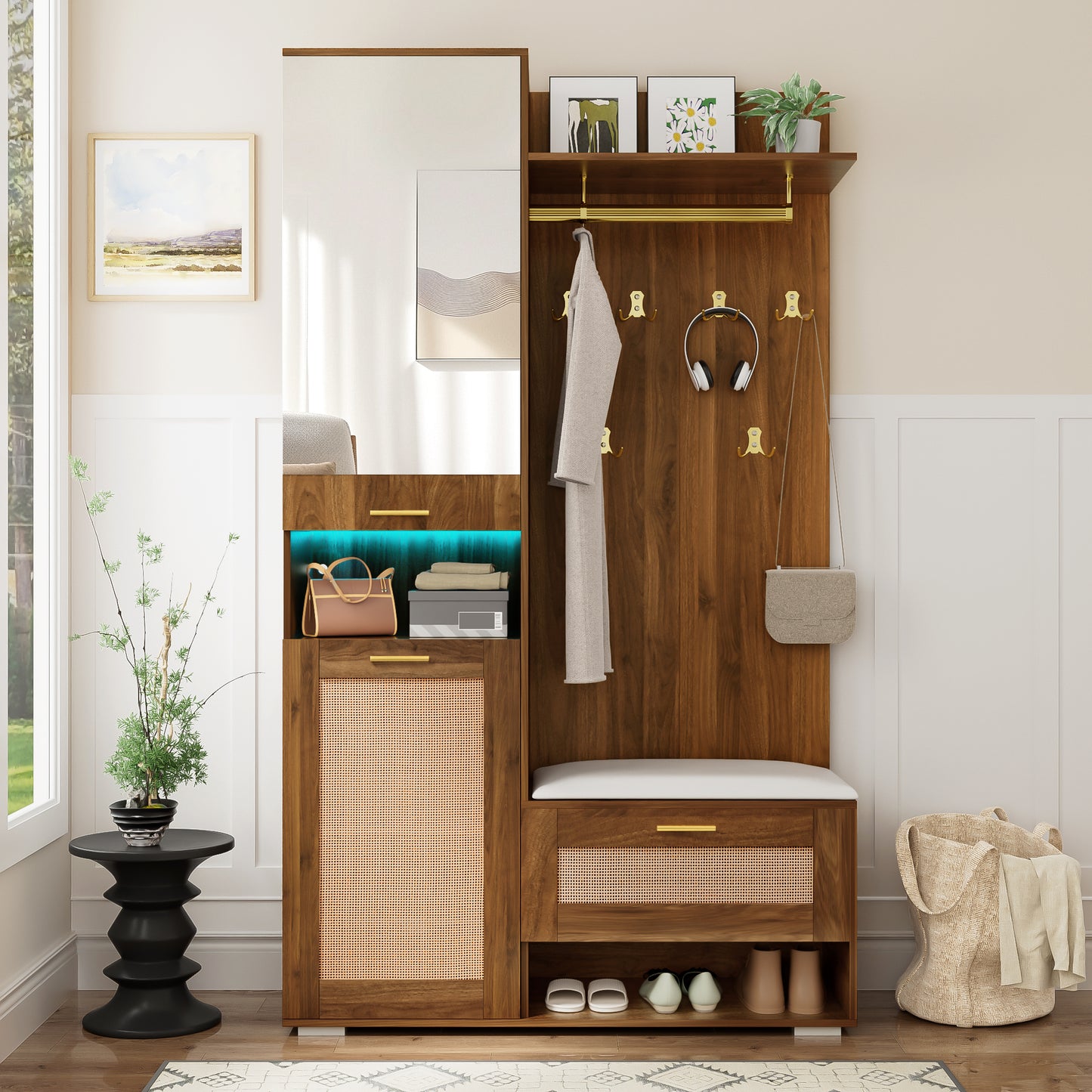 Wardrobe Set, Wardrobe Set With Mirror, 6 Golden Coat Hooks, Shoe Cabinet, Wall Coat Rack, Upper Storage Compartment, Bench Seat And 16-colour LED Lighting