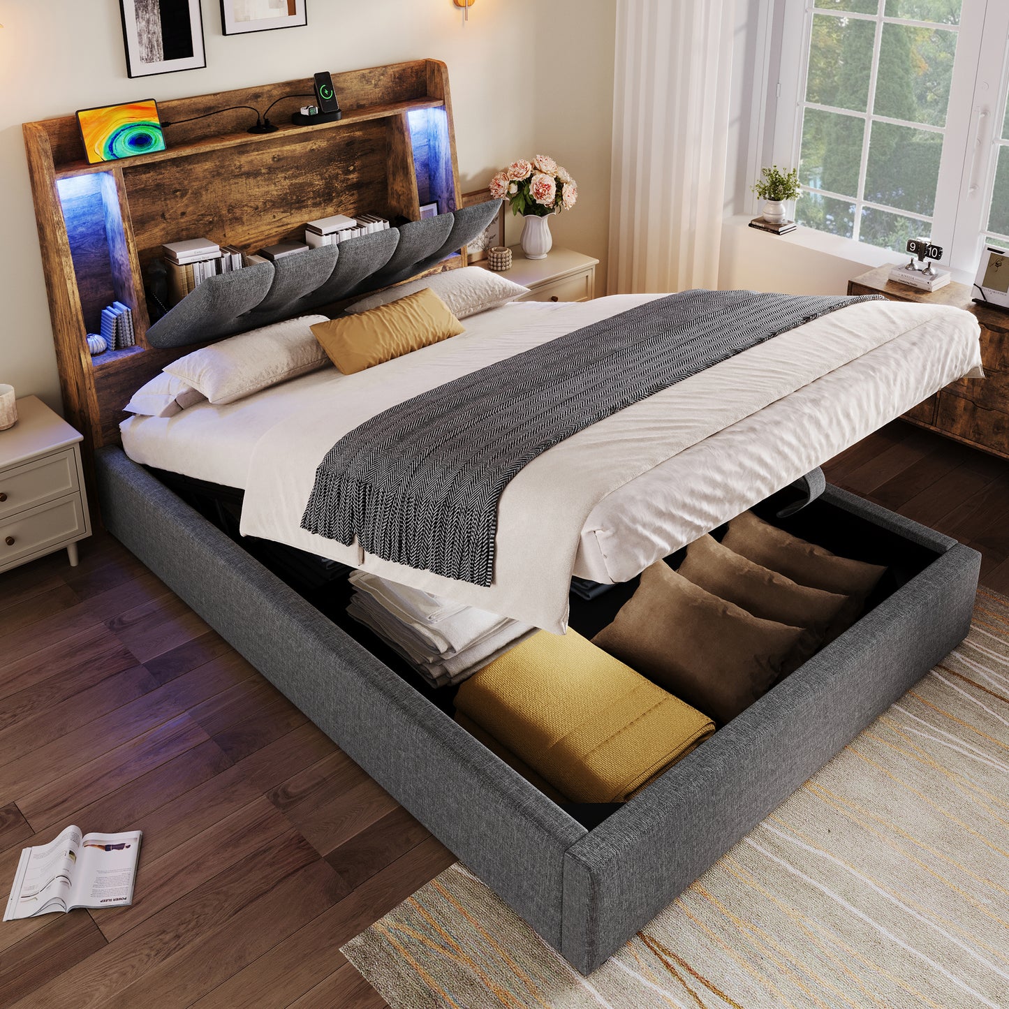 Upholstered Bed, 90x200 Cm, With USB Type-C Charging,Without Mattress,Flip-Top Storage Compartment, Multifunctional Storage, LED Lighting, Push-button Appdien,Linen, Grey