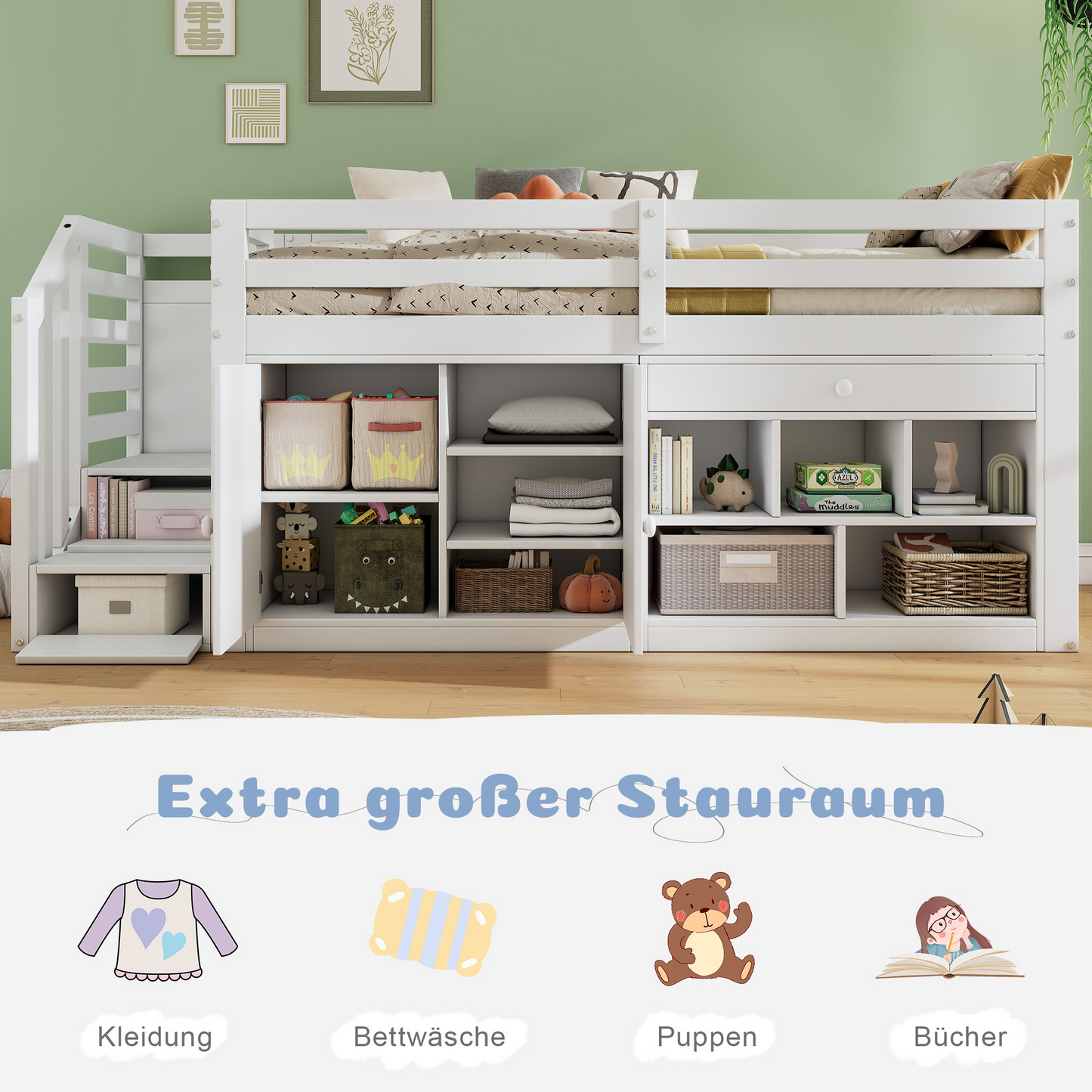 Multifunctional Wooden Cot, With Stairs And Storage Space, Stairs Cupboards Interchangeable Left And Right, Drawers Can Be Turned Around And Used As A Desk, 90x200, White OLD SKU N634P182446780W
