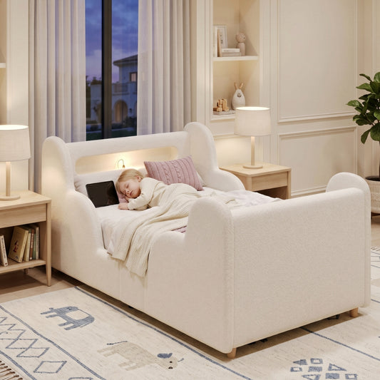 Children's Bed 90 X 200cm, Upholstered Bed, Single Bed, With Safety Railing, With Night Light And USB Charging Port And Storage Compartments, Bed Legs Made Of Solid Wood, Beige Boucle