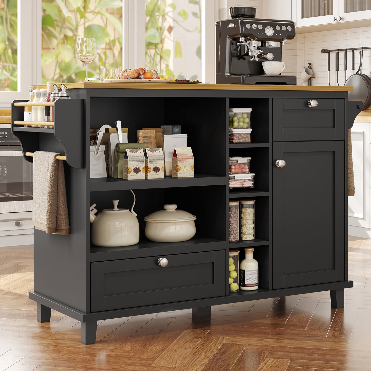 Dining Trolley  129 X 46 X 92 Cm , Modern And Simple Black Movable Kitchen Dining Trolley With Drawers And Storage Cabinets, Light Brown Wooden Countertop Previous Sku N620P19312829S