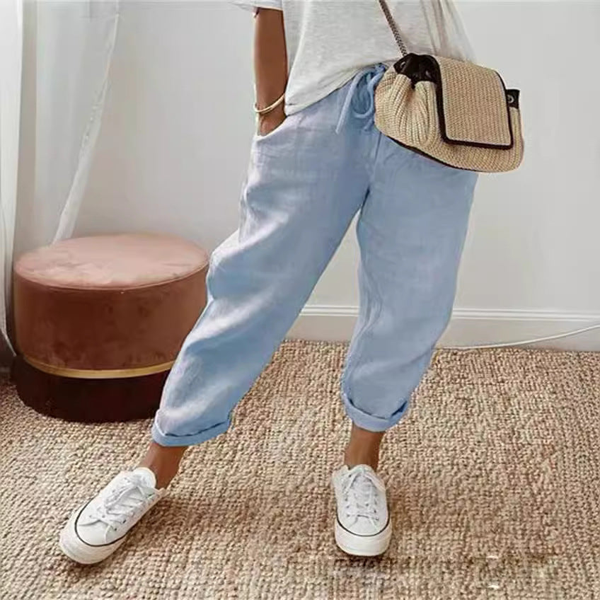 Women's Fashion Cotton Linen Solid Color Casual Pants