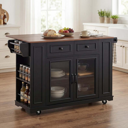 54" Mobile Kitchen Island with Glass Door Storage, Power Outlet & Open Shelves, Rolling Kitchen Cart with Towel Rack, Spice Rack & Knife Holder, Functional Kitchen Prep Table for Kitchen, Dining
