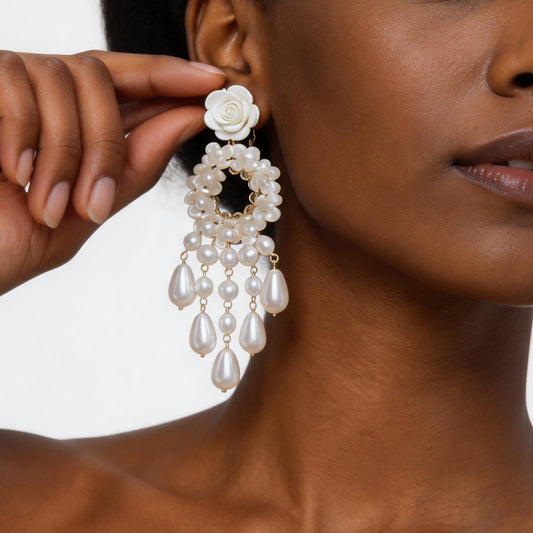 French Vintage Pearl Rose Tassel Dangle Earrings For Women, Light Luxury High-End Niche Unique Design Fashion Stud Ear Jewelry