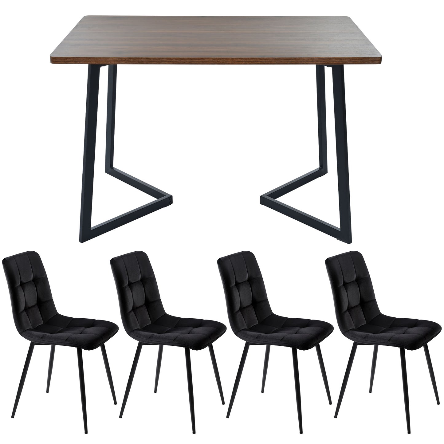 Dining Set  5 Pcs ,Dining Table With 4 Chairs Set, Modern Kitchen Table Set, Wood Grain Kitchen Table With Black Metal Legs, MDF Table Top In Walnut Color,Black Velvet Dining Chairs