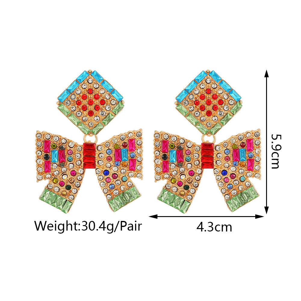 Multicolor Paved Rhinestone Bow Dangle Earrings For Women Boho Statement Vacation Party Daily Wear Accessories
