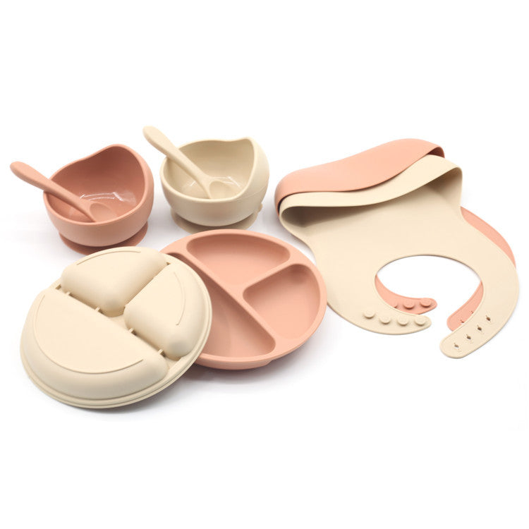 Four-piece Feeding Tableware Baby's Silicone Bib Food Grade Children's Suit Including Pinny Solid Food Bowl