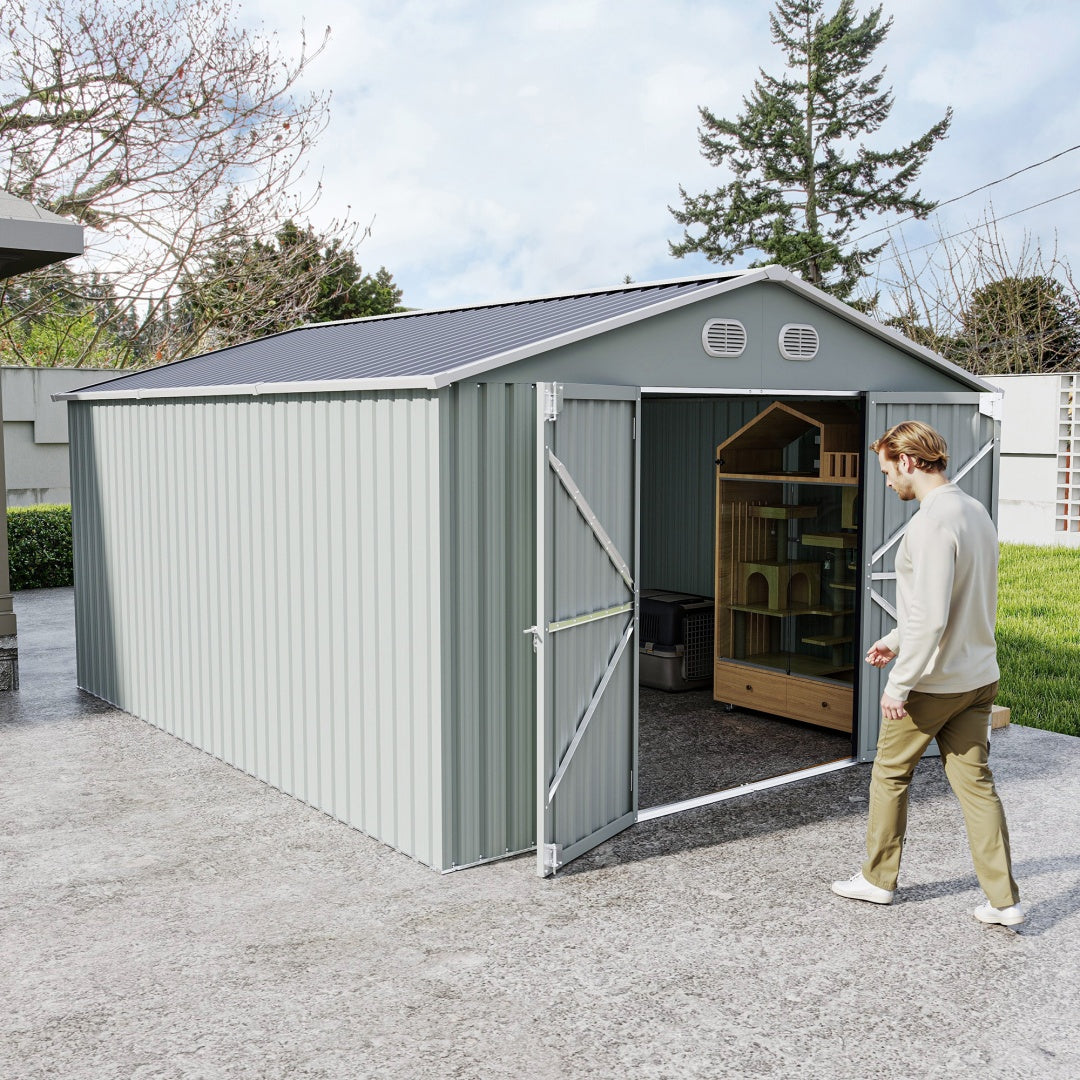 10x12 FT Outdoor Metal Storage Shed, Large Storage Sheds With Sturdy Frame Structure, Metal Garden Tool Shed With Lockable Door For Garden,Gift A Foldable Flower Pot Stand, Backyard, WHIT