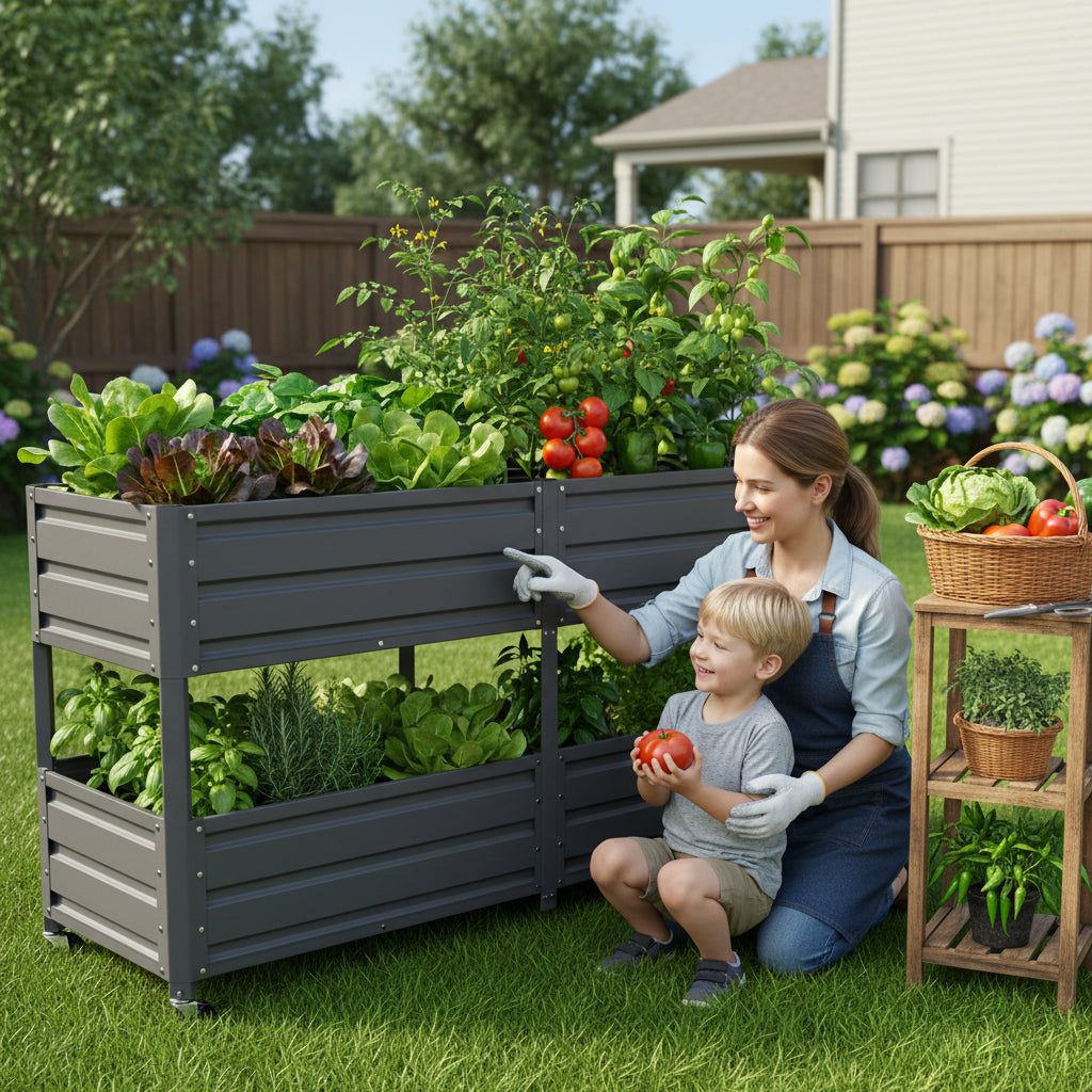 Dual Tier Elevated Metal Raised Garden Bed With Lockable Wheels, Staggered 2-Layer Raised Planter Box For Vegetables Herbs Flowers, Outdoor Patio  Green Planting Bed,Grey