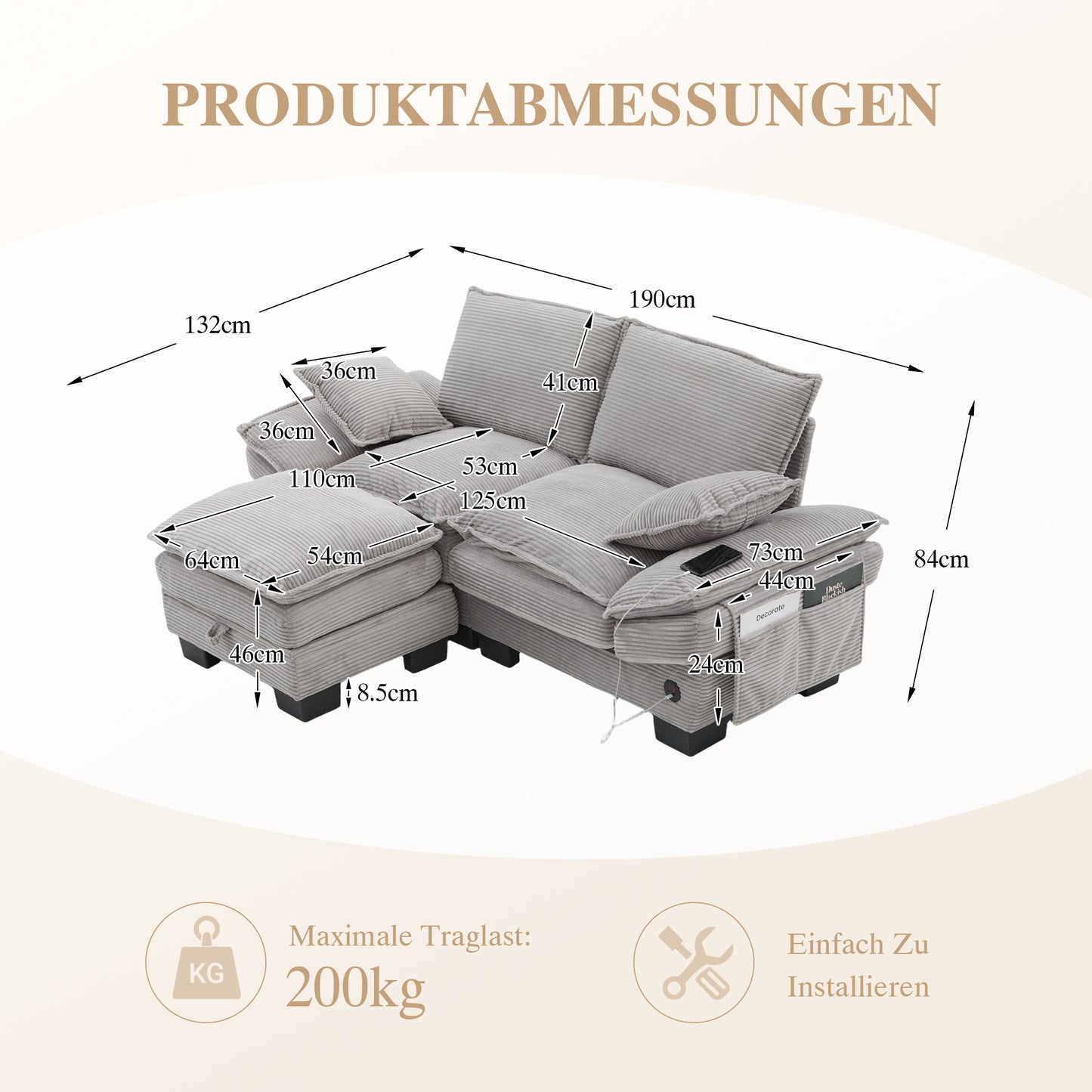 Modular 2-seater Corduroy Sofa  With Stool Wide Seat, Ergonomic Design, High-density Foam Padding, USB-C Port And Side Pockets. Ideal For The Living Room, Office Or Lounge.Light Grey