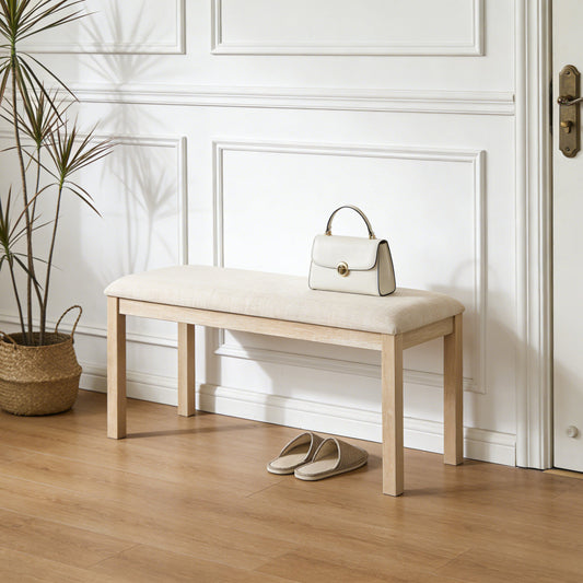 38-inch Upholstered Dining Bench, Padded Bedside Bench and Solid Wood Leg Hallway Bench, Suitable for Kitchen, Living Room and Bedroom (Light Oak & Beige, 1)