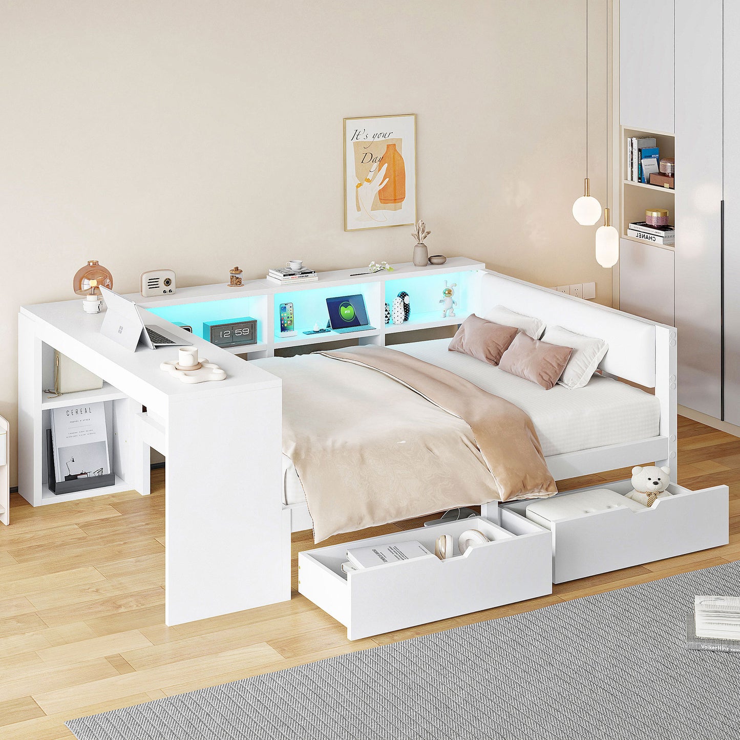 140x200 Wooden Platform Bed With Shelves, Drawers, Charging Station And Upholstered Headboard, With Colorful LED Lights, White