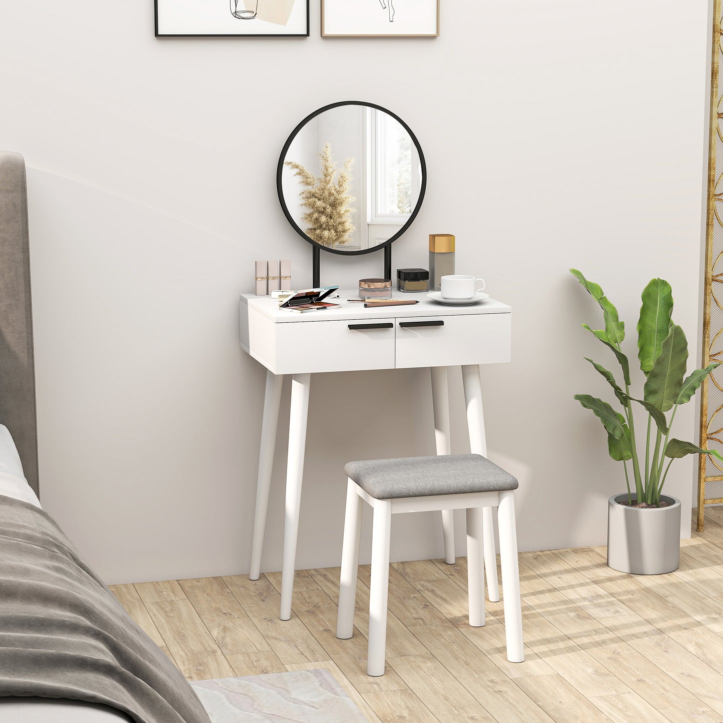 Dressing Table With Mirror And Stool, Vanity Makeup Desk Set With 2 Drawers, Cushioned Stool And Make-up Organiser For Bedroom And Dressing Room, 60 X 40 X 123 Cm, White