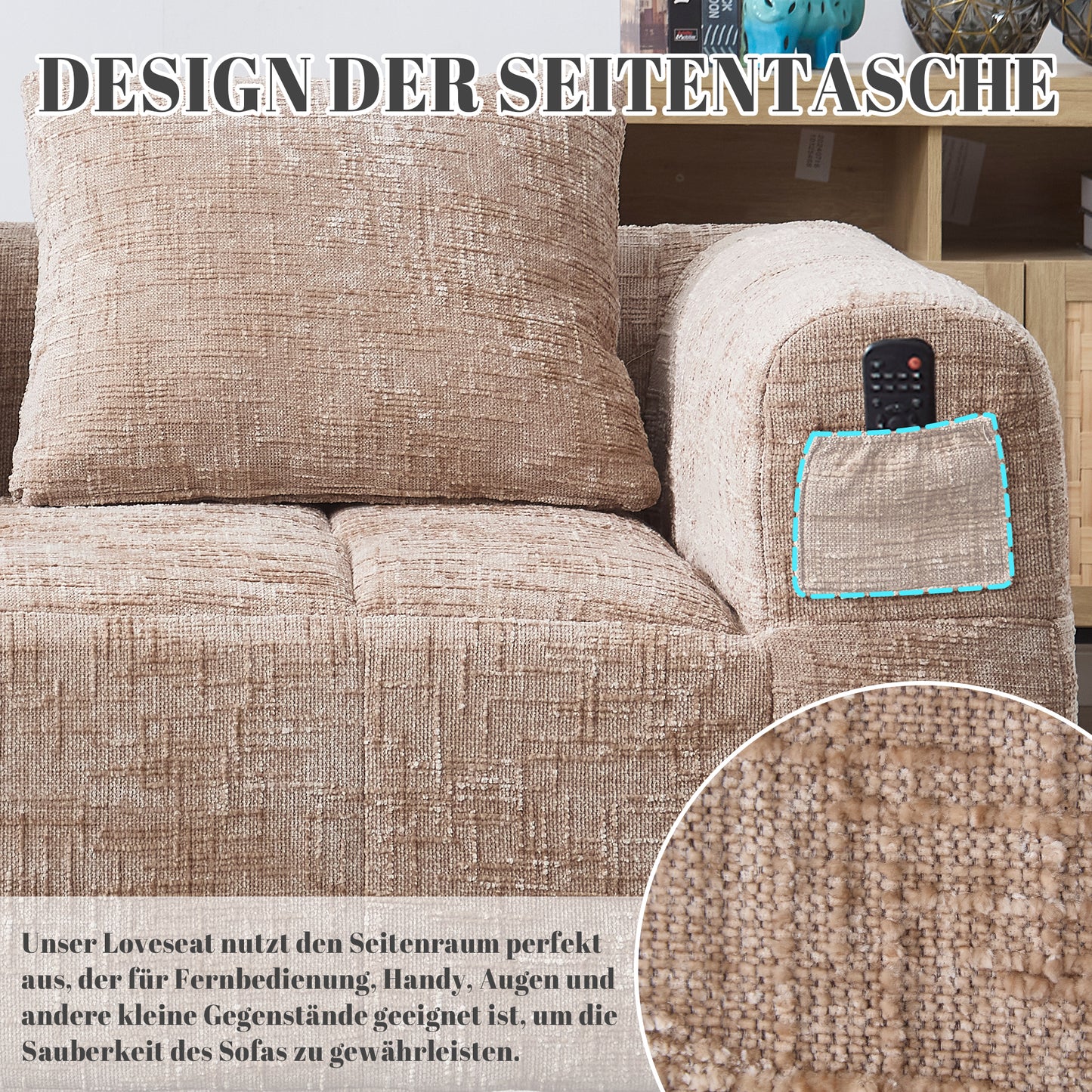 Comfortable Sofa For 2 People, No Assembly Required, Fluffy Sofa With A Cushion, Side Pockets For Remote Control And Mobile Phone, Neat And Stylish, Khaki