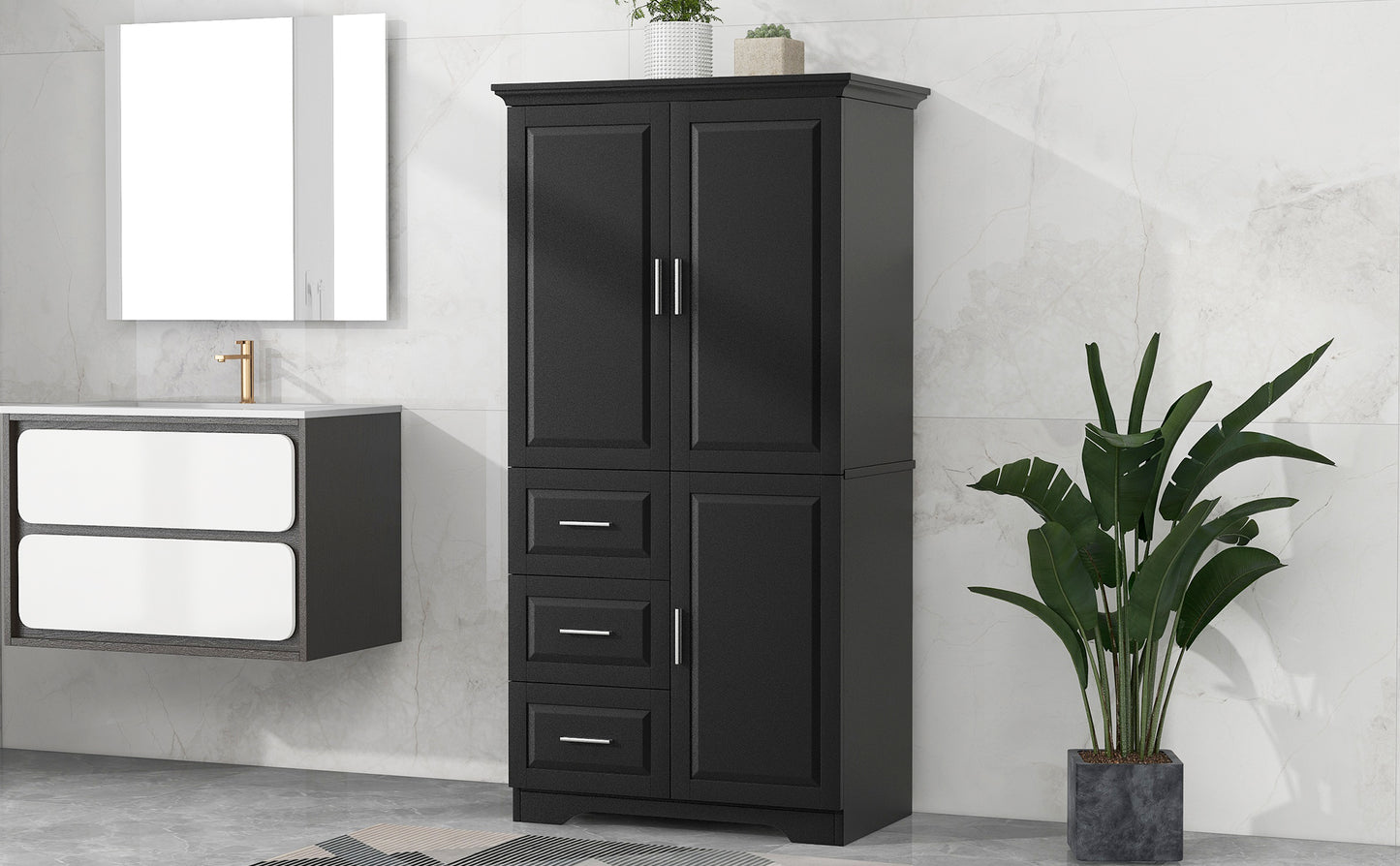 Tall And Wide Storage Cabinet With Doors For Bathroom Office, Three Drawers, Black