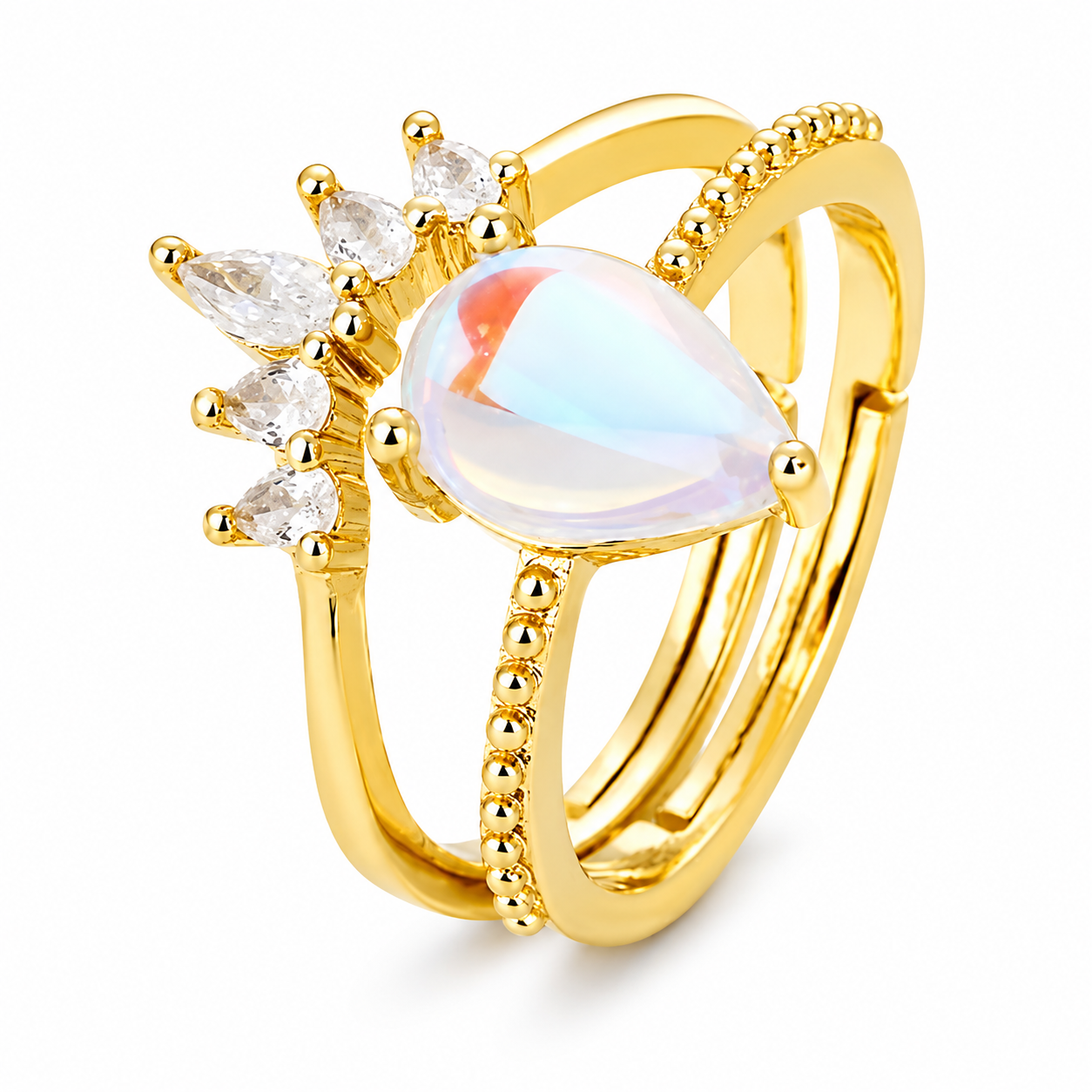 Crown Teardrop Opalescent CZ Three-Band Open Adjustable Ring For Women, Gold Plated Copper Beaded Baguette Crystal Princess Wedding Stackable Jewelry Gift