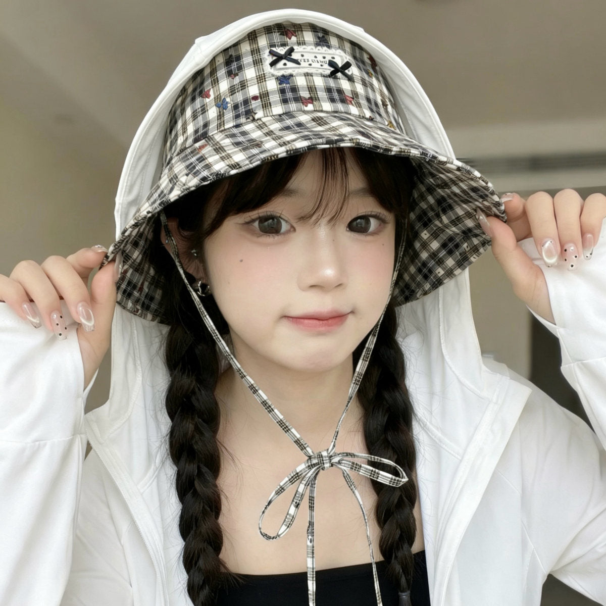 Women's Bow-tie Decorated Cartoon Full-print Star-patterned Striped Rope Casual Hat For Outdoor Outings, Hiking, Shopping.