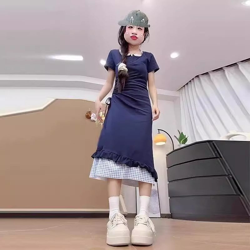 Korean-style Sweet Two-piece Look Dress For Women Asymmetrical Drawstring Waist