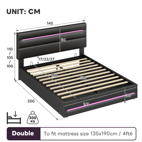 4ft6 Double Upholstered Bed Frame With Hydraulic Storage, PU Ottoman Bed With LED Lighting And Charging Station, LED Adjustable Headboard With USB And Type - C Ports, Black