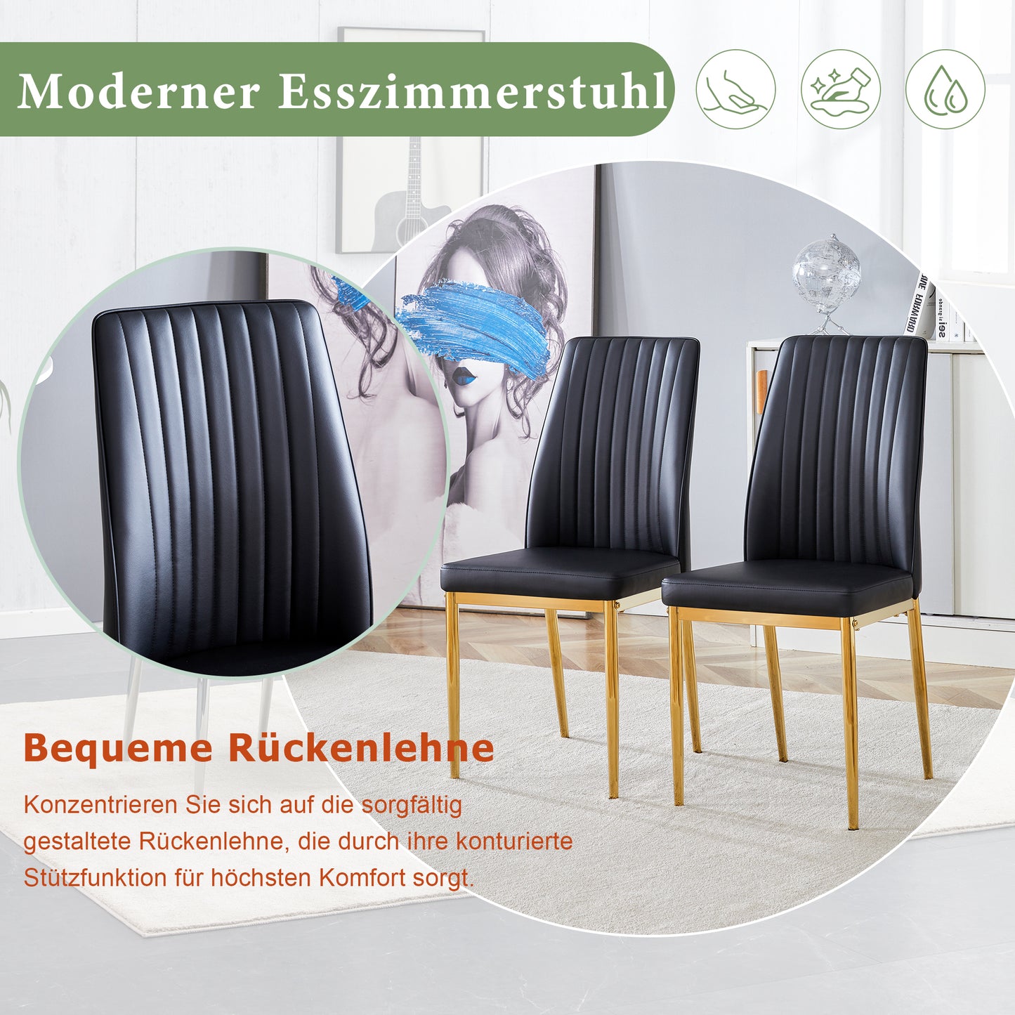 Fashion Black Dining Chair 4 Piece Set Golden Metal Legs, Black PU Leather To Create An Elegant Dining Area.