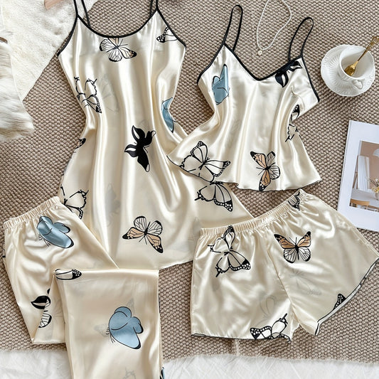 Butterfly-print Loungewear Set Four-piece Home Set Fashionable Casual Womens Pajamas
