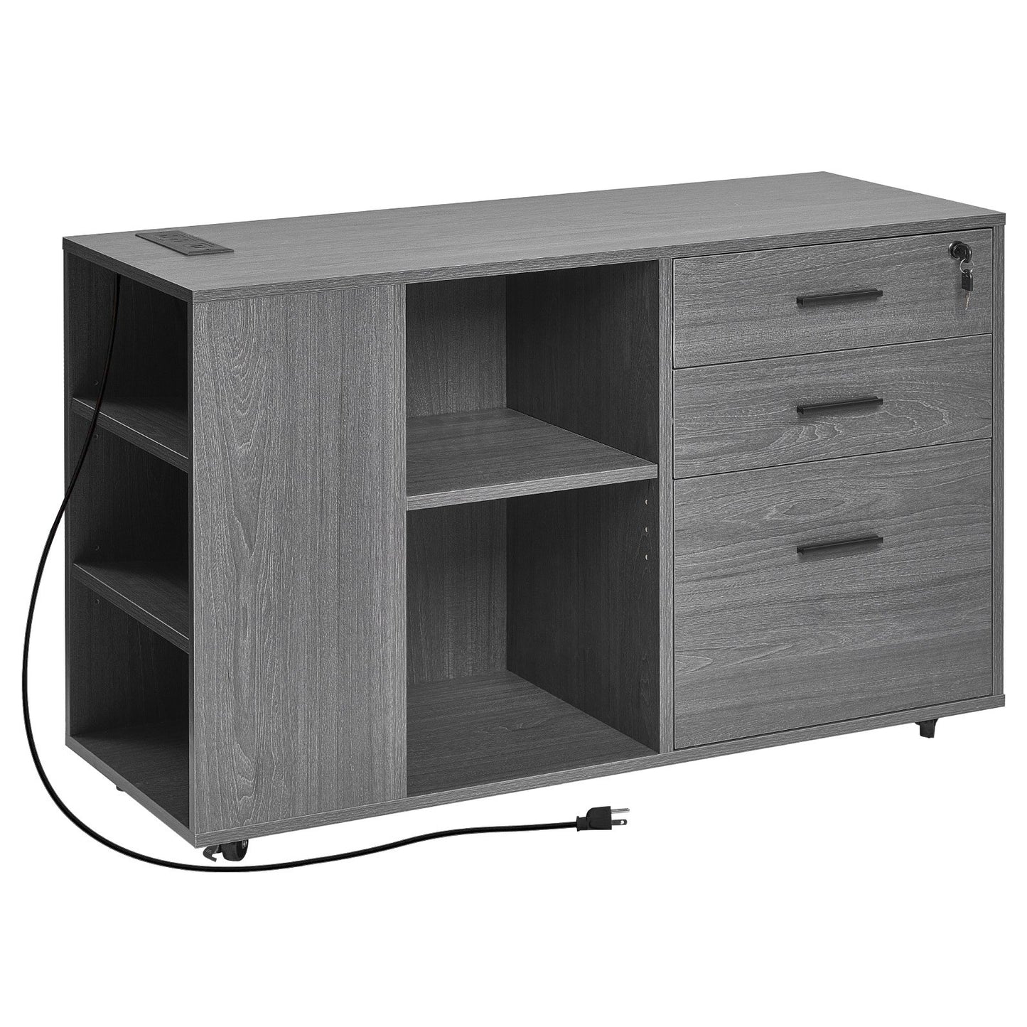 3 Drawer Wooden File Cabinet Mobile Filing Cabinet With Power Strip Gray