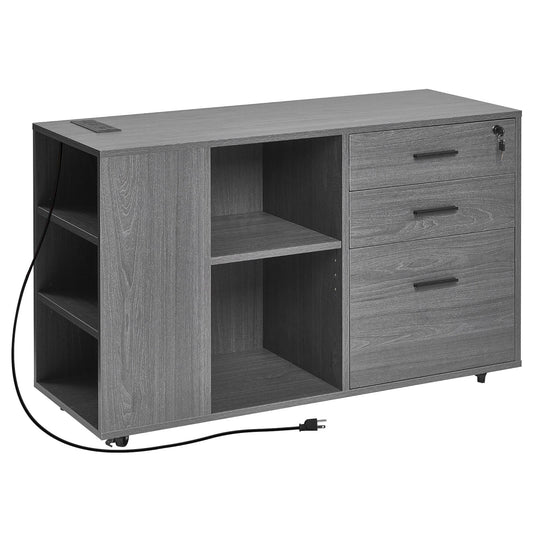3 Drawer Wooden File Cabinet Mobile Filing Cabinet With Power Strip Gray