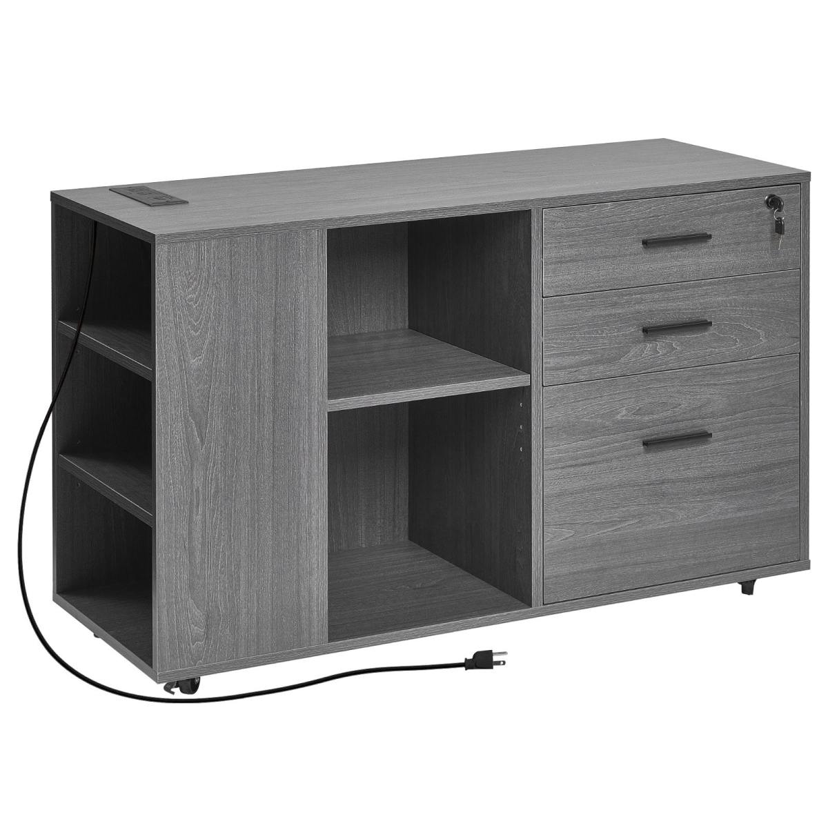 3 Drawer Wooden File Cabinet Mobile Filing Cabinet With Power Strip Gray