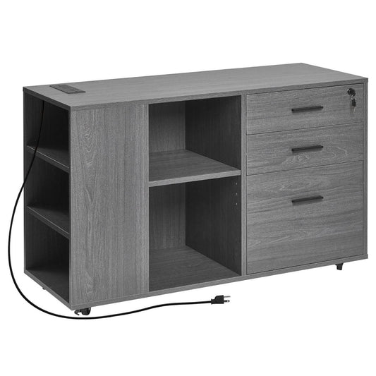 3 Drawer Wooden File Cabinet Mobile Filing Cabinet With Power Strip Gray