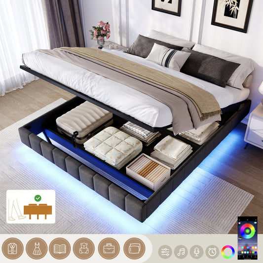 4ft6 Double Floating Bed Frame With Hydraulic Under-bed Storage & Smart RGB LED Lights, No Headboard Upholstered Bed With Concealed Anti-Collision Leg, Linen Fabric, Grey  No Mattress
