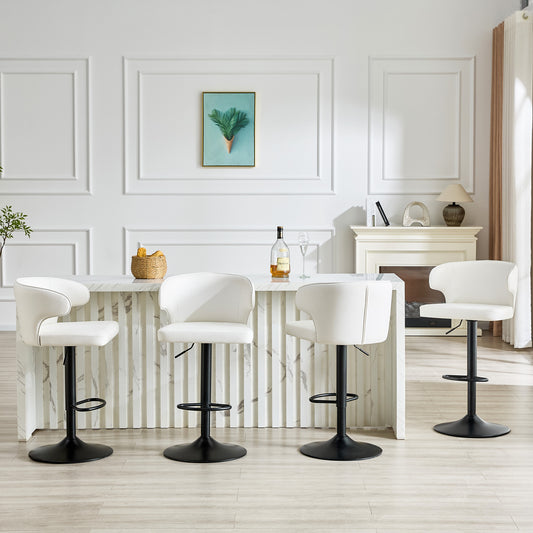 Modern Rotating Adjustable Bar Chair, PU Leather Belt Backrest Swivel Chair, Suitable For Kitchen Bar Counter And Dining Room, Adjustable Height, Capable Of Bearing 300 Pounds  White -4 Pieces