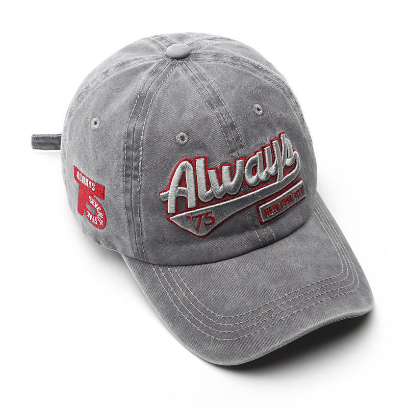 Monochrome Three-dimensional Letter Embroidery Washed-out Distressed Retro Street Style Peaked Cap. Suitable For Outdoor Travel And Shopping.