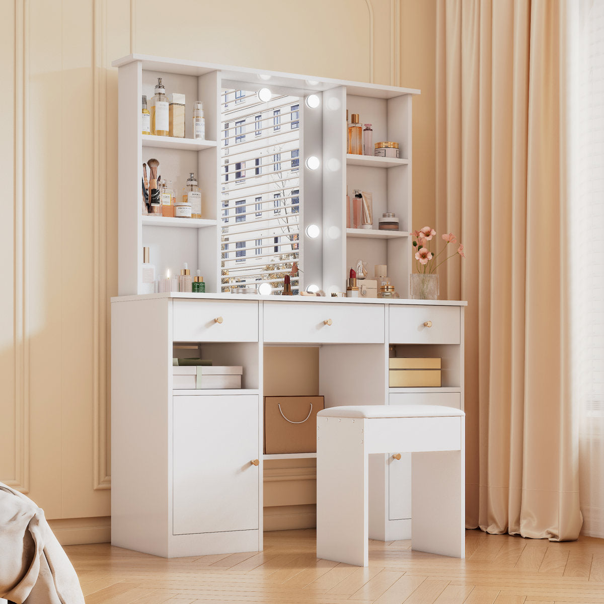 Large Dressing Table, Makeup Table With Adjustable LED Lighting, With Mirror And Dressing Table Stool, 3 Drawers And 2 Doors, Bedroom White, Dimensions H151 Cm XB110cmX T40 Cm